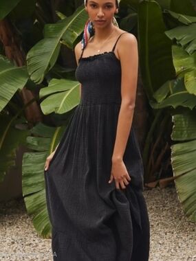 Antropologie  Black Smocked Maxi Dress Tiered Strapless Boho Cotaggecore